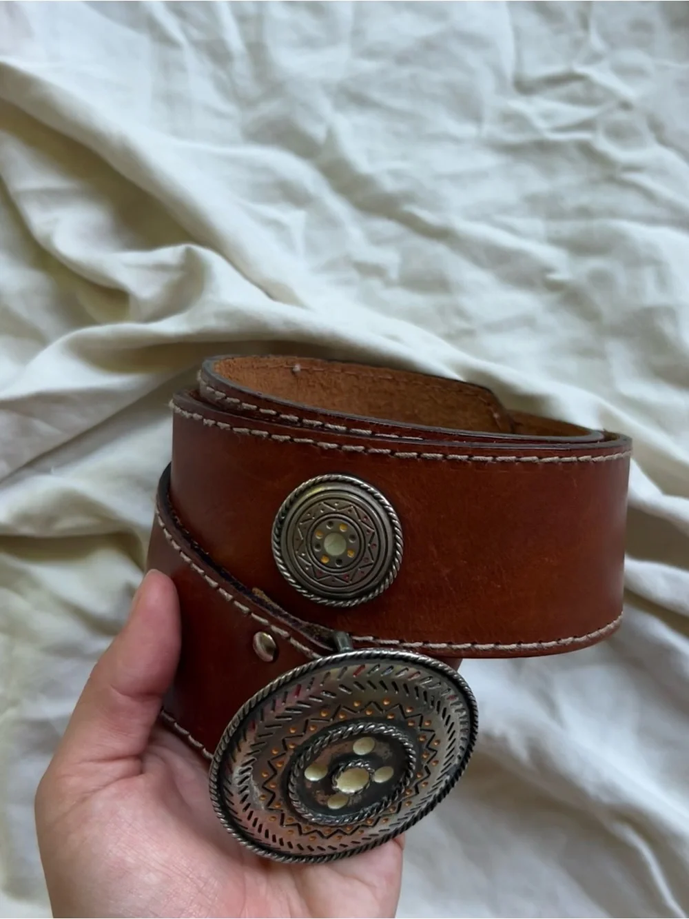 COLMAR Brown Leather Belt with Decorative Silver Concho Buckle